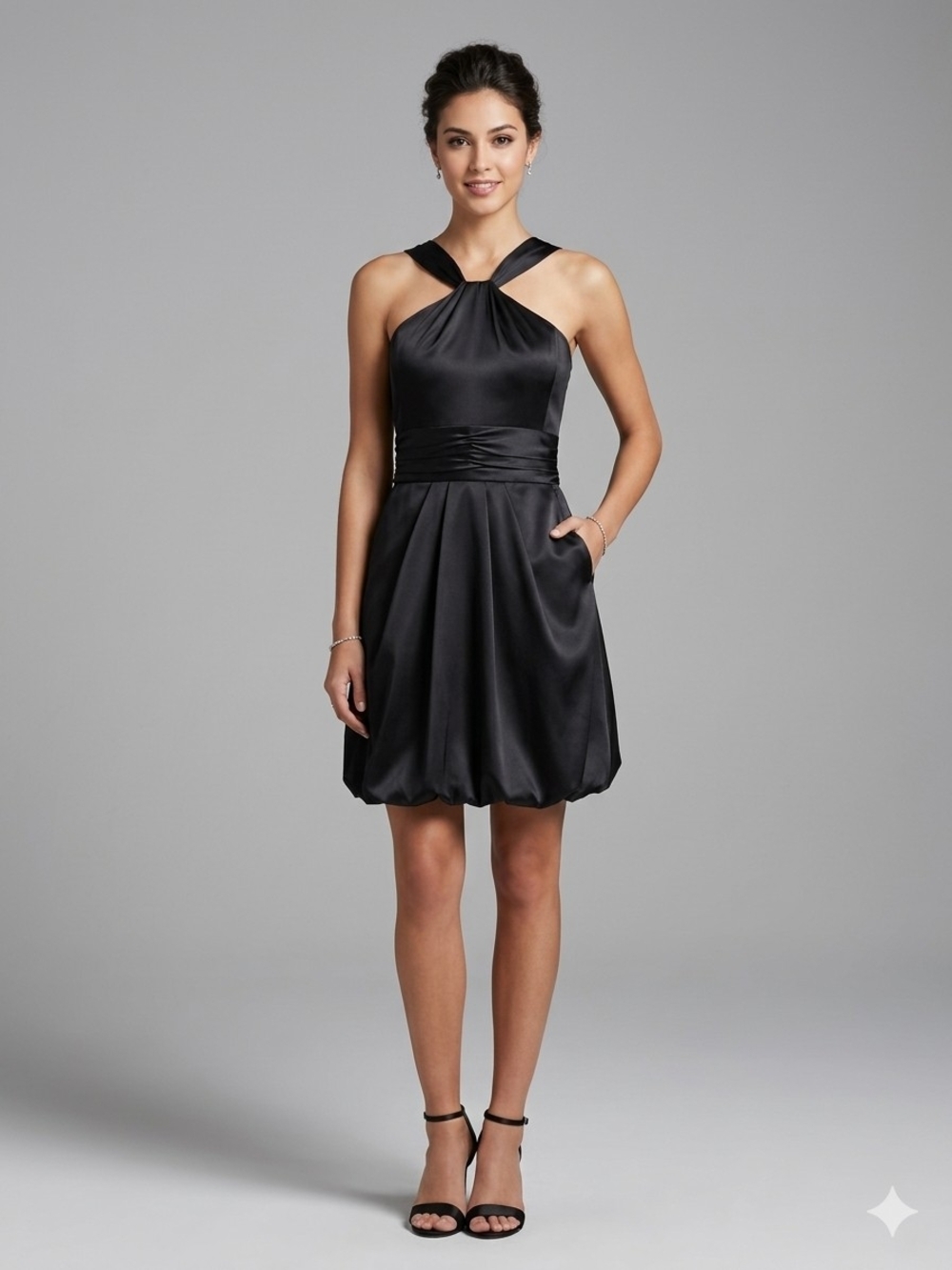 David's Bridal Black Satin Halter Bubble Cocktail Dress